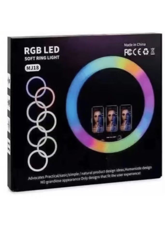 RGB LED Soft Ring Light – MJ18 M45 Touch Control with 3 Phone Holder Clips & Remote (18