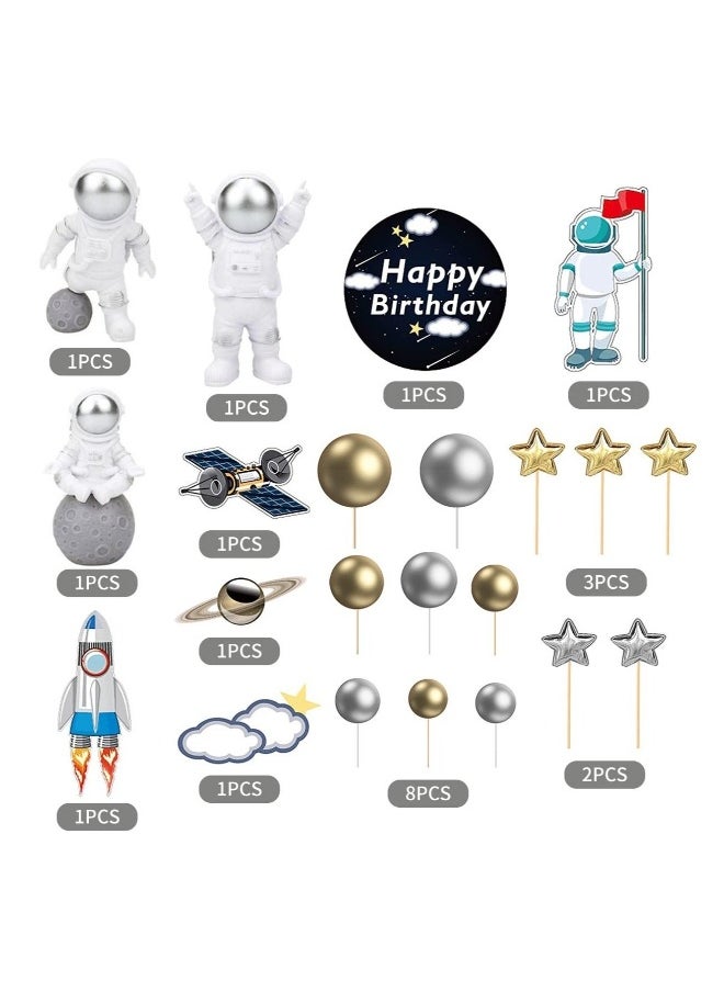 22 Pcs Space Cake Topper, Space Themed Party Supplies Planet Rocket Pearl Balls and Star Toppers Outer Space Cupcake Toppers Astronaut Figurine Decorations Birthday for Kids Party Baby Shower