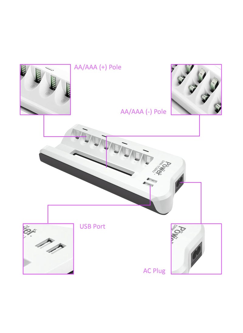 DMK Power 8 SLOT AA/AAA NIMH/Ni-CD Smart Battery Charger with 1.5 UK Cable and 2 USB Ports for Mobile Phones Tablet devices etc,DMK Power 8 SLOT AA/AAA NIMH/Ni-CD Smart Battery Charger with 1.5 Cable