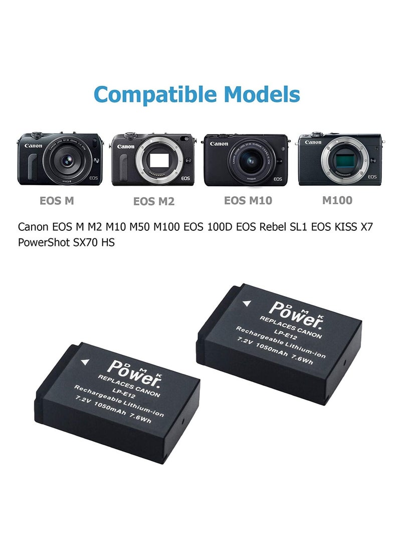 DMK Power LP-E12 Replacement Battery (2-Pack) and Dual USB Charger Compatible with LP-E12 EOS M M2 M10 M50 M100 EOS 100D EOS Rebel SL1 EOS KISS X7 PowerShot SX70 HS