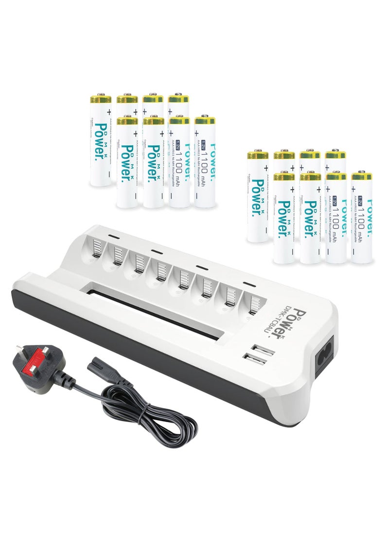 DMK Power 16pcs AAA Rechargeable 1100mAh 1.2V Ni-MH Battery with 8' SLOT AA/AAA Ni-MH/Ni-CD Smart Battery Charger 1.5 UK Cable and 2 USB Ports for Mobile Phones Tablet devices etc,