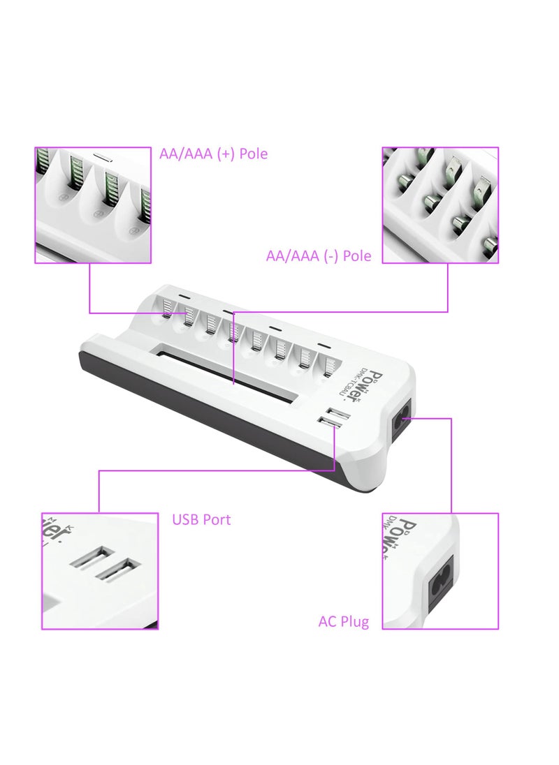 DMK Power 16pcs AAA Rechargeable 1100mAh 1.2V Ni-MH Battery with 8' SLOT AA/AAA Ni-MH/Ni-CD Smart Battery Charger 1.5 UK Cable and 2 USB Ports for Mobile Phones Tablet devices etc,