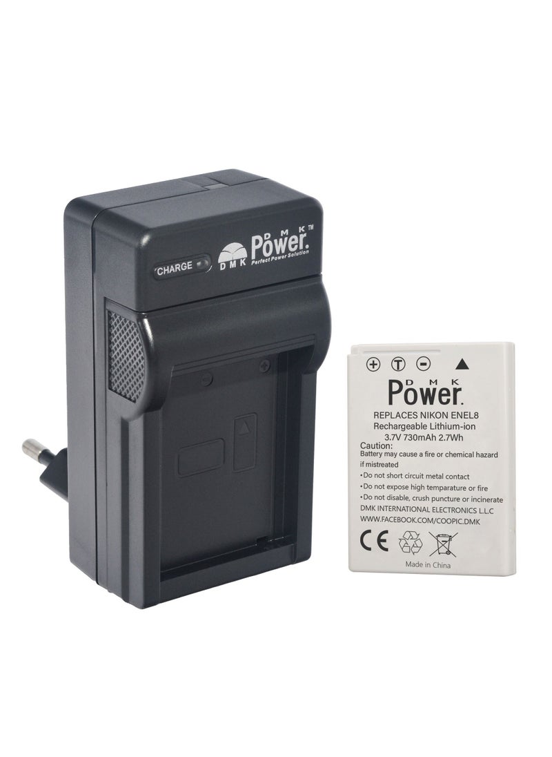 DMK Power EN-EL8 730mAh Camera Battery with TC600E Charger Compatible with Nikon Coolpix P1 P2 S1 S2 S3 S5 S6 S7 S7c Coolpix S8 S9 S50 S51 S51c S52 S52c Cool-Station MV-11 MV-121