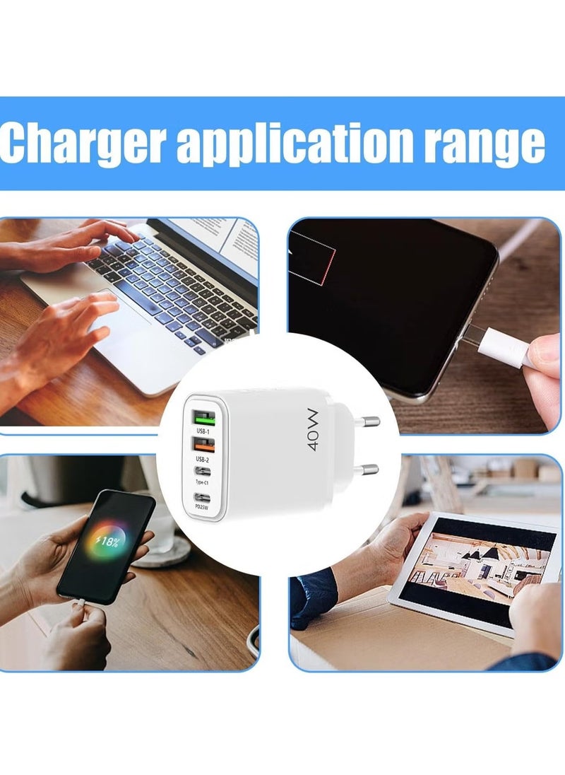 USB C Fast Charger – 40W PD 4-Port Over Current Protection Charging Block with Cable – Portable Charger for Headphones, Tablets, Smartphones – 100-240V Universal Charging for Home, Dorm, and Travel