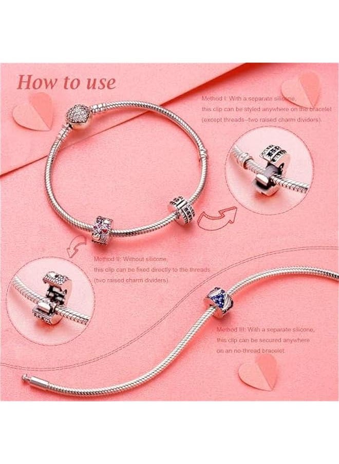 Charms Clips 925 Sterling Silver Stopper Charms fit Bracelets Necklaces Dangle Beads with 5A Cubic Zirconia Christmas Valentine Mother's Day Gift for Women