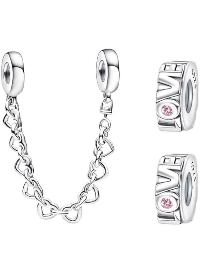 Safety Chain Bracelet Clips 925 Sterling Silver Charms fit Bracelets Necklaces Dangle Beads with 5A Cubic Zirconia Christmas Valentine Mother's Day Gift for Women