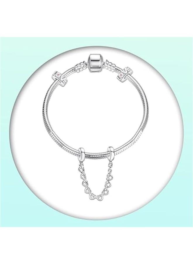 Safety Chain Bracelet Clips 925 Sterling Silver Charms fit Bracelets Necklaces Dangle Beads with 5A Cubic Zirconia Christmas Valentine Mother's Day Gift for Women