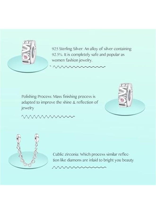 Safety Chain Bracelet Clips 925 Sterling Silver Charms fit Bracelets Necklaces Dangle Beads with 5A Cubic Zirconia Christmas Valentine Mother's Day Gift for Women