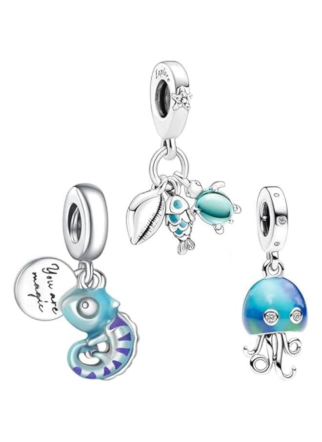 925 Sterling Silver Sea Turtle Chameleon Charms fit Bracelet Necklace Dangle Bead with 5A Cubic Zirconia Christmas Valentine Mother's Day Gift for Women