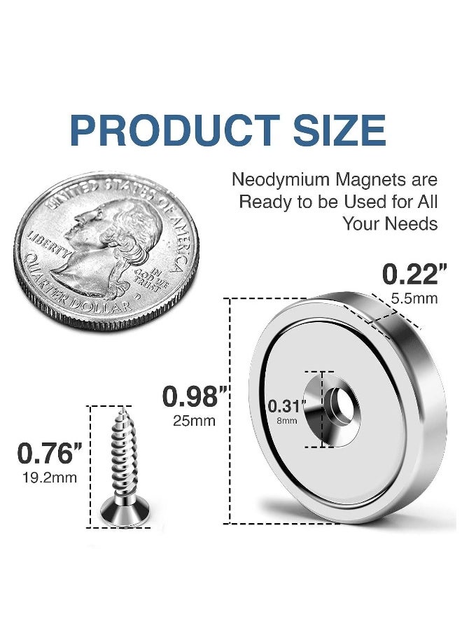 Powerful Neodymium Magnets 6 Packs Waterproof Strong Magnets with Hole 70lbs Force Neodymium Cup Magnets 32mm with Countersunk Hole and Steel Capsule Pot Magnet with Screws