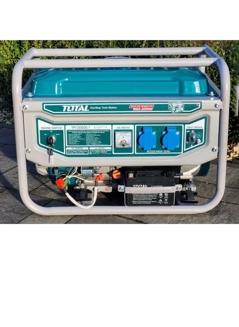 TOTAL Gasoline Generator Electric Start & Recoil 3kW - TP130005-1, 2.8kW Rated Output, 210cc Engine, 15L Fuel Tank, Ideal for Home Backup, Outdoor Events, and Job Sites