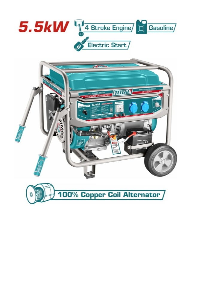 TOTAL Gasoline Generator 5.5kW TP155001 - 389mL 4-Stroke OHV Engine, Recoil & Electric Start, 220-240V Output, 25L Fuel Tank, Copper Coil Alternator - Portable Power for Home & Outdoor Use