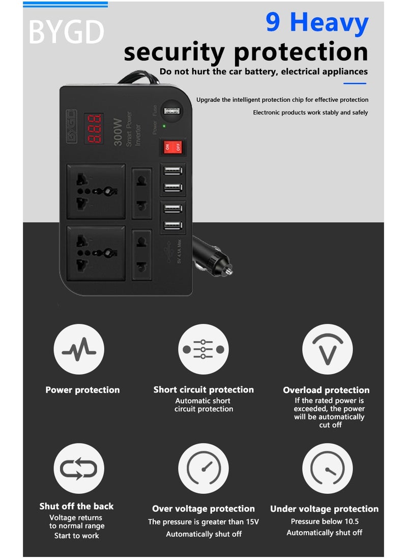 BYGD 300W Car Inverter DC 12V to AC 220V Converter Outlets 4 USB Fast Charging Universal Socket Power Adapter Inverter