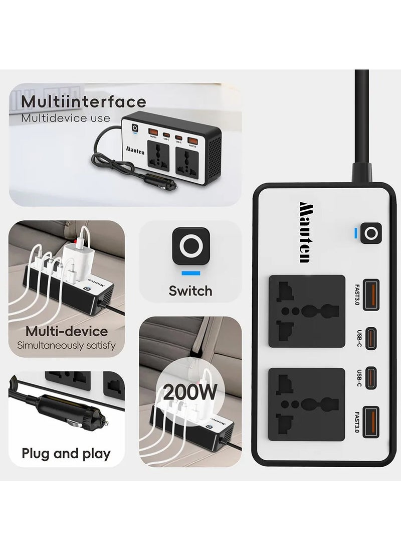 200W Car Inverter 12V DC To 220V AC Power Adapter With 2 USB-A And 2 Type-C Ports For Laptop Computer Smartphones