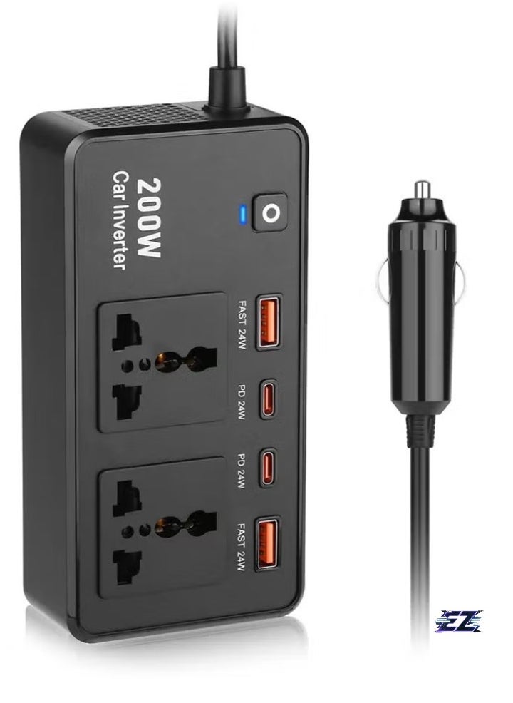 200W Car Inverter 12V DC to 220V AC Power Adapter – Includes 2 USB-A & 2 Type-C Ports for Laptop, Computer, Smartphones – Compact and Portable Power Converter for Car Travel, Home & Office