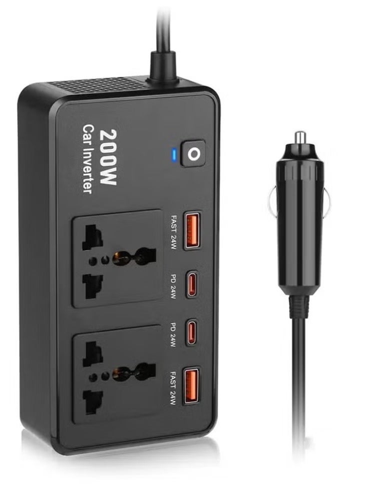 200W Car Inverter 12V DC to 220V AC Power Adapter – Includes 2 USB-A & 2 Type-C Ports for Laptop, Computer, Smartphones – Compact and Portable Power Converter for Car Travel, Home & Office