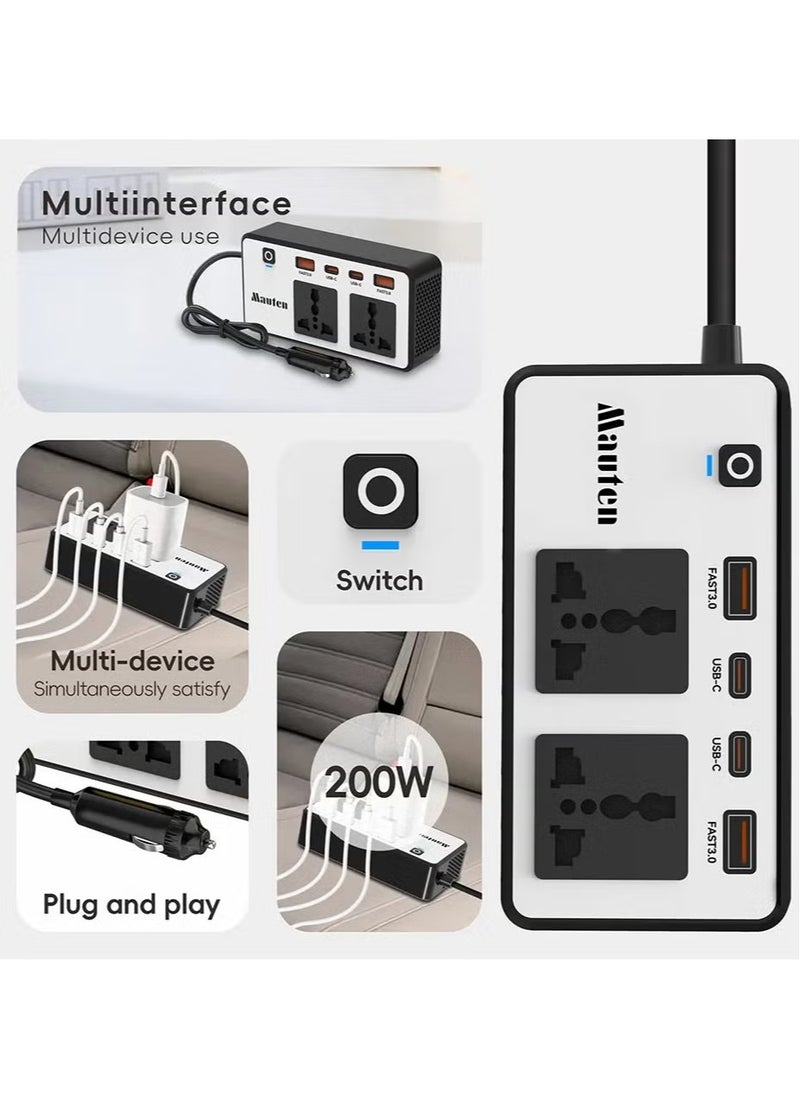 200W Car Inverter 12V DC to 220V AC Power Adapter – Dual USB-A & Type-C Ports, 12V to 220V Conversion for Laptop, Smartphone, and Other Electronics, Compact and Portable Design for Car, Travel, and On-the-Go Power Supply