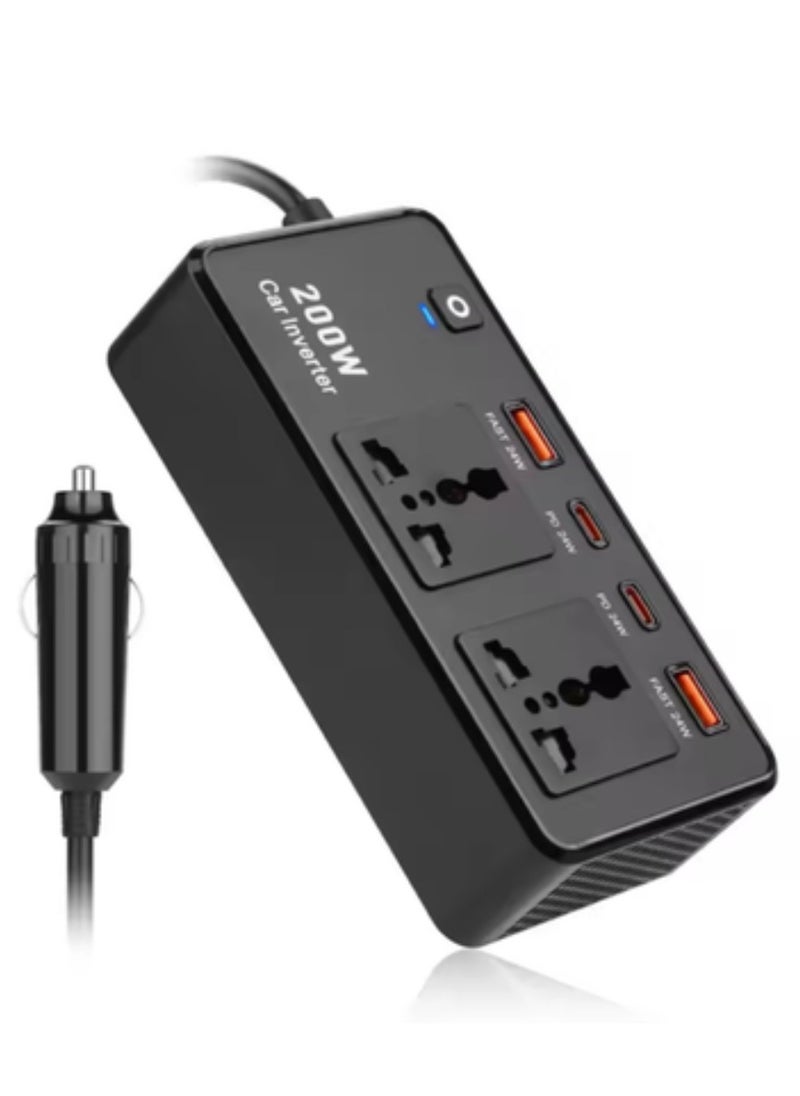 Power Inverter Car Adapter from 12V to 220V Electric Devices – 200W USB Type-C Universal Voltage Converter, Compact & Portable, Ideal for Car, Travel, and Outdoor Use, Powers Laptops, Smartphones, Tablets, and More