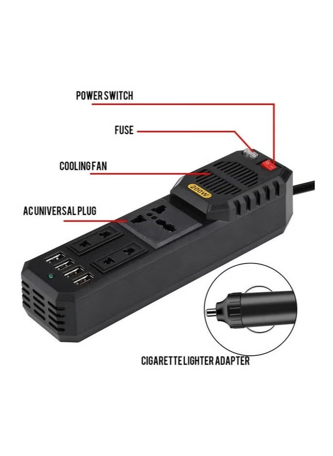 200W Power Inverter – 12V DC to Car Power Inverter, High Capacity, Converts DC to AC, Ideal for Charging Laptops, Smartphones, Tablets, and Small Appliances, Compact & Portable Design for Travel, Emergency, and On-the-Go Power Supply