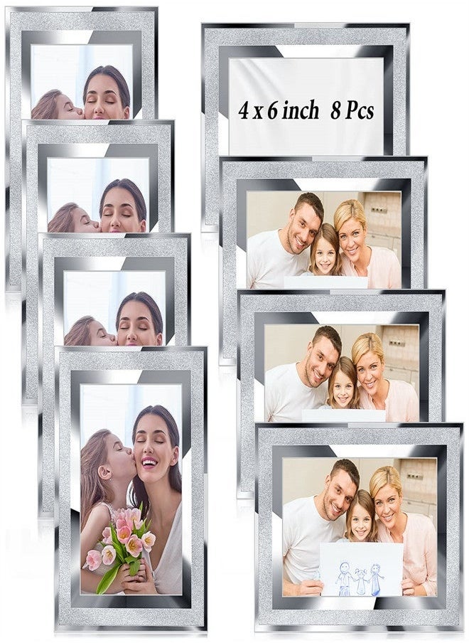 8 Pcs 4 x 6 Glass Picture Frame Bulk Diamond Photo Holder Sparkling Crystal Silver Photo Frame for Tabletop Display Shelf Desk Home Bedroom Wedding Decor Gift