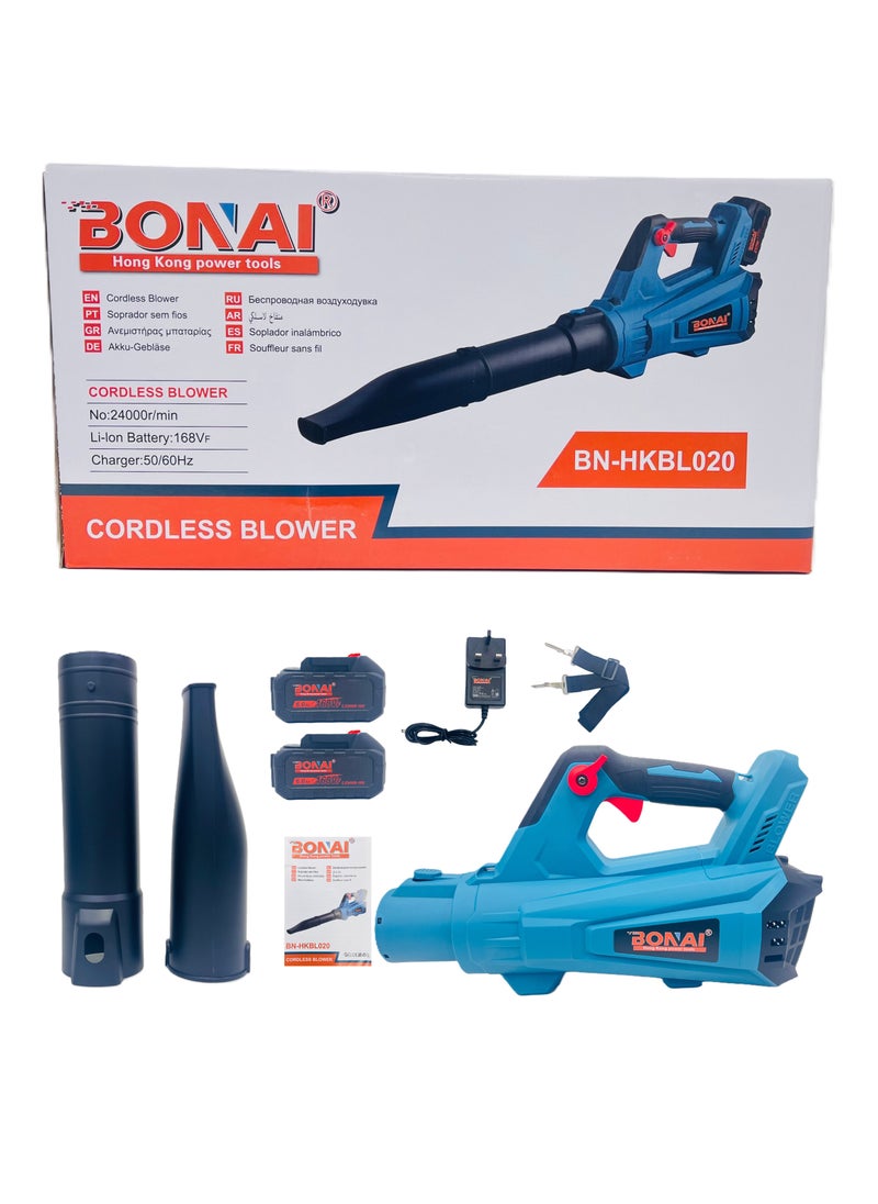 Cordless Leaf Blower, 168VF Li-Ion Battery, 24000 RPM, Lightweight Portable Blower with 2 Batteries, Charger, and Nozzles for Home, Garden, and Outdoor Cleaning, BN-HKBL020