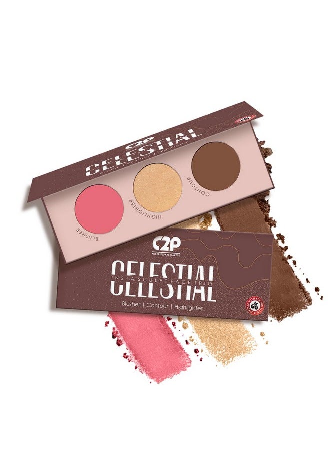 C2P Pro 3 In 1 Blusher Contour Highlighter Face Palette For Makeup 12G | Celestial Professional Cream Blushes Contours Highlighters Trio Combo Kit For Women And Girls - (Back To L.A)