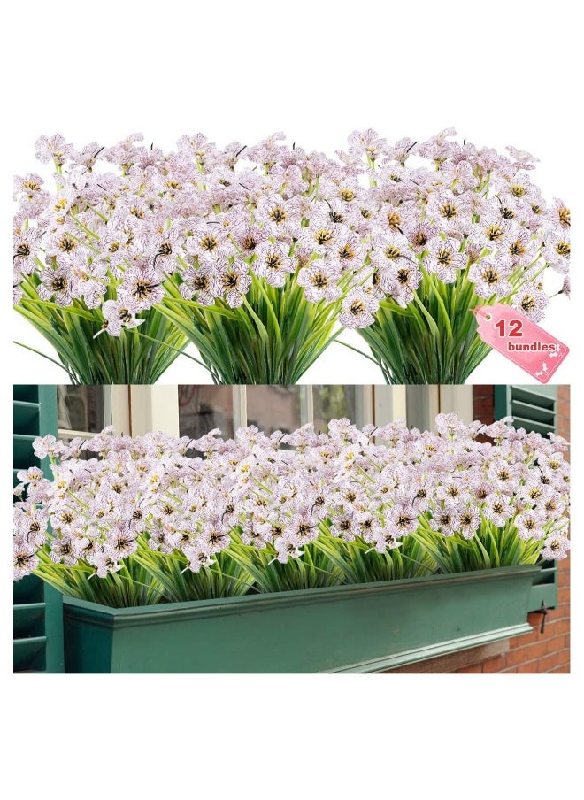 12 Bundles Artificial Flowers Outdoor UV Resistant Fake Flowers No Fade Plastic Plants Greenery Shrubs Garden Porch Window Box Decorating, Faux Violet Flower (White)