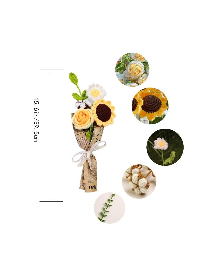 Handmade Knitted Bouquet, Completed Crochet Flowers Bouquet, Knitted Fake Sunflower Rose Daisy, Crochet Bouquet Kit for Mother's Day Birthday Wedding Home Decor