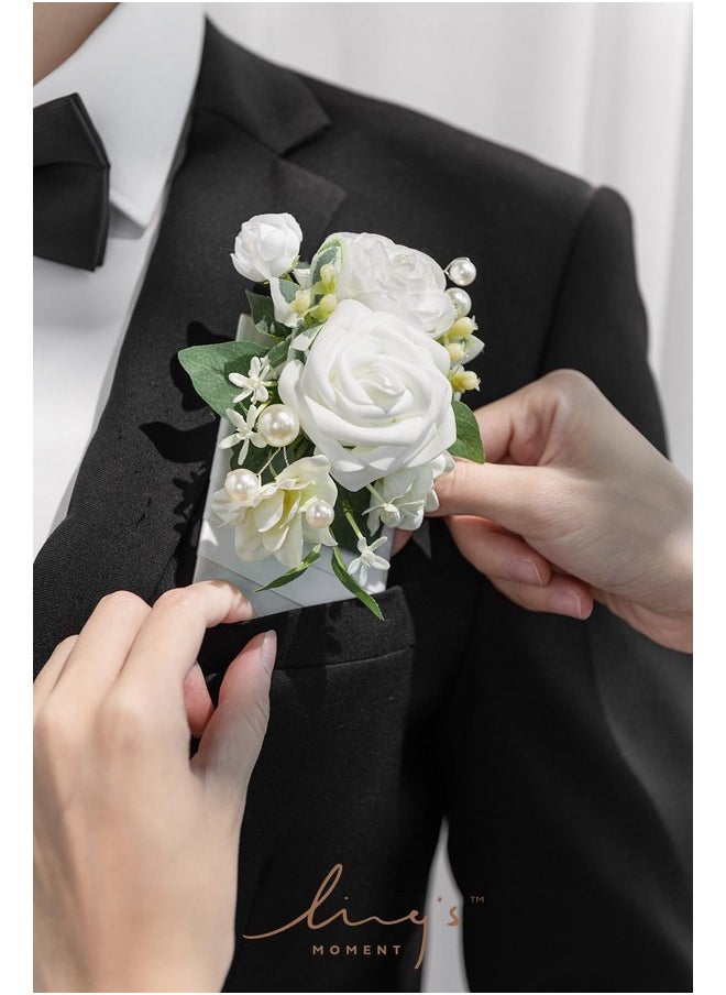 Single Pocket Boutonniere For Man Groom, Artificial Flowers For Wedding Decor/Prom/Homecoming/Graduation, Etc.White Ranunculus Ivory