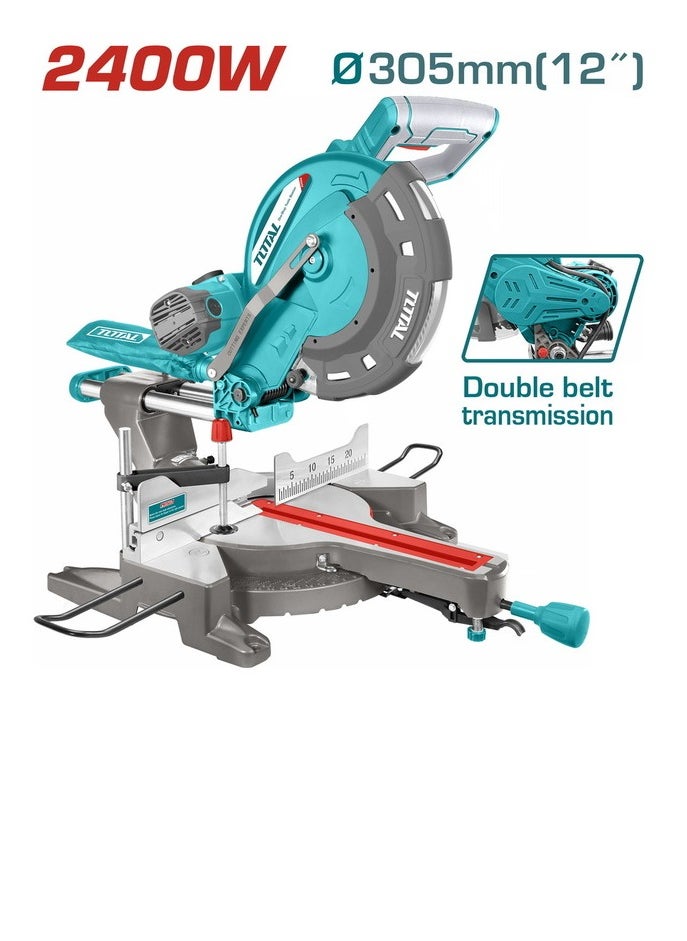 TOTAL Mitre Saw 2400W (TS42183057) – Powerful 305mm Blade, Dual Sliding Rails, 0-45° Mitre and Bevel Cuts, with TCT Blade, Extension Bars, Dust Bag for Precision Wood Cutting