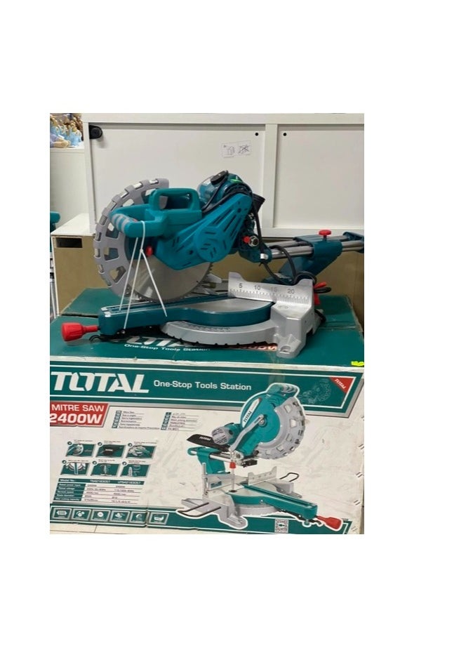 TOTAL Mitre Saw 2400W (TS42183057) – Powerful 305mm Blade, Dual Sliding Rails, 0-45° Mitre and Bevel Cuts, with TCT Blade, Extension Bars, Dust Bag for Precision Wood Cutting