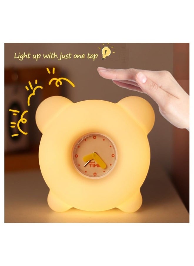 Children's Night Light with Mini Alarm Clock, with Tap Control and Timer, Rechargeable LED Beside Night Light, Dimmable Cute Night Lamp Gift for Girls Boys Baby