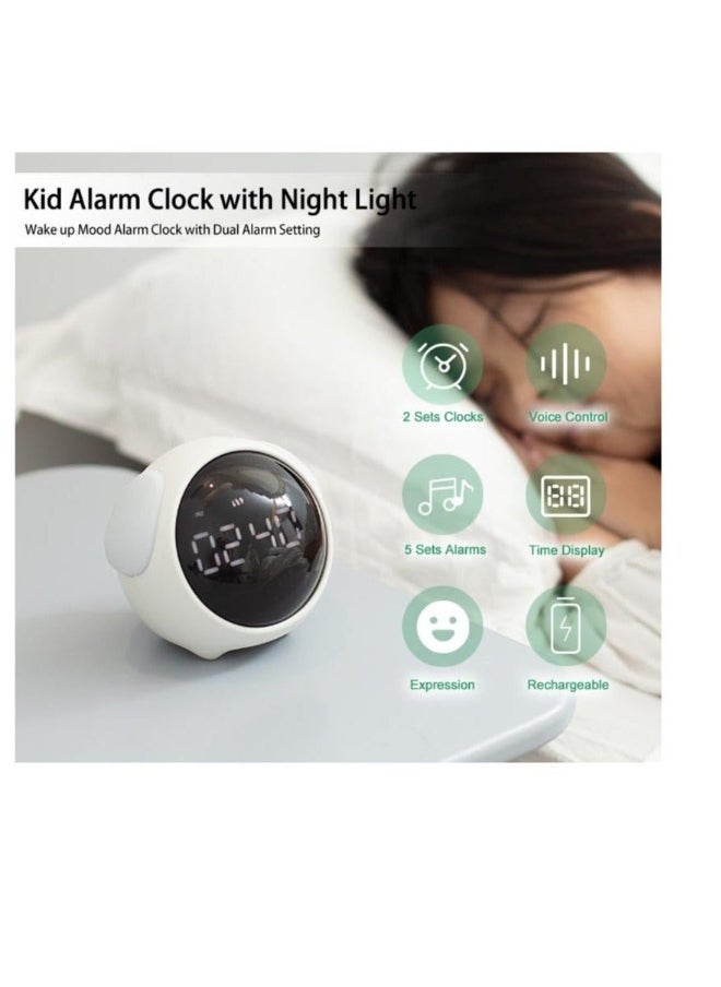 Kids Alarm Clock with Night Light, Adjustable Brightness Children's Sleep Trainer, Wake up Mood Alarm Clock with Dual Alarm Setting, for Girls,Boys Bedroom (White)