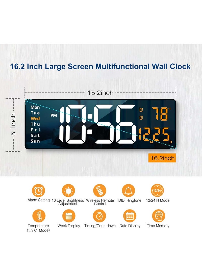 Plastic Digital Wall Clock, 16.2-Inch Large LED Display, Remote Control, Automatic Brightness Dimmer, Big Clock with Date, Week, and Temperature – Modern Digital Clock for Home, Office, Living Room (Black)