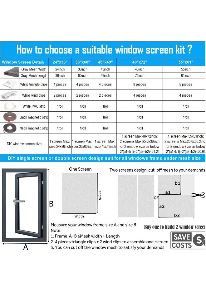 Magnetic Window Screen Adjustable DIY Window Net Fiberglass Fine Mesh Screen Protector Fits Max 23.6” x 47.2” White Window Frames with Grey Mesh(60cmx120cm)