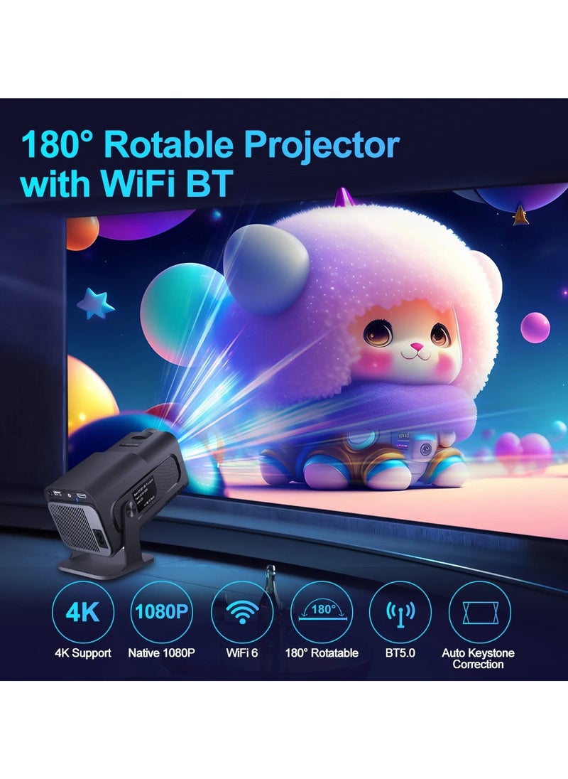 New HY320 Portable Auto Keystone Projector, Native 1080P Smart Projector FHD 4K Supported 10000 Lumens With WiFi 6, BT 5.0, 180 Degree Rotation, Built-in Android 11.0 Built In Speaker Video Projector Outdoor Projector 390 ASNI Compatible With TV Stick/HDMI/USB/PS5/iOS/PS4 Black