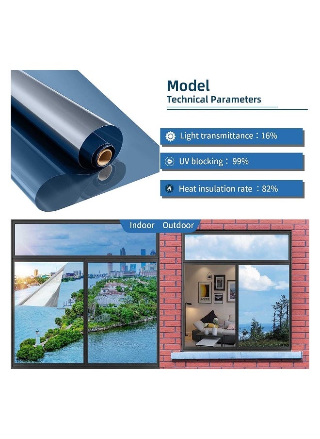 2Pcs One Way Privacy Window Film Premium PET Material Daytime Reflective Heat Control Anti UV Door Sticker Tint for Home Office Living Room Mercury Blue 60 * 100cm