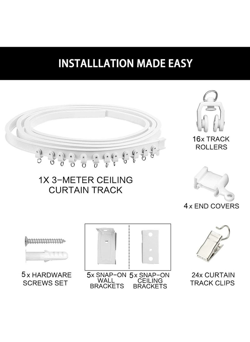 3M Ceiling Curtain Track, Flexible Bendable Drop Sliding Ceiling Curtain Track Room Divider Curved Ceiling Track System With Clips 9.81Ft Alloy Plastic Curtain Track Ceiling Wall Mount For Bay Window