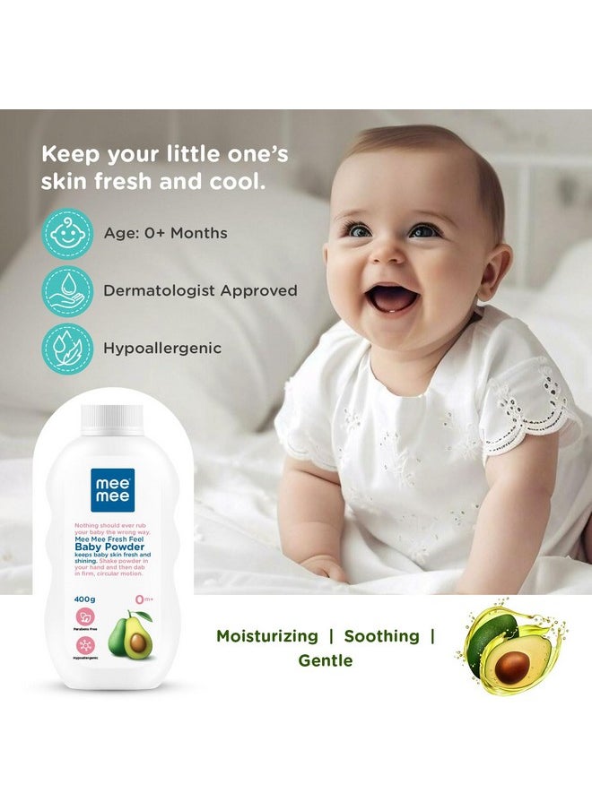 Newborn Friendly Talcum Powder | Enriched With Avocado Oil | Dermatologist Approved | Rash-Resistant | Paraben Free | 0+ Months (400G Fresh Feel, Single Pack)