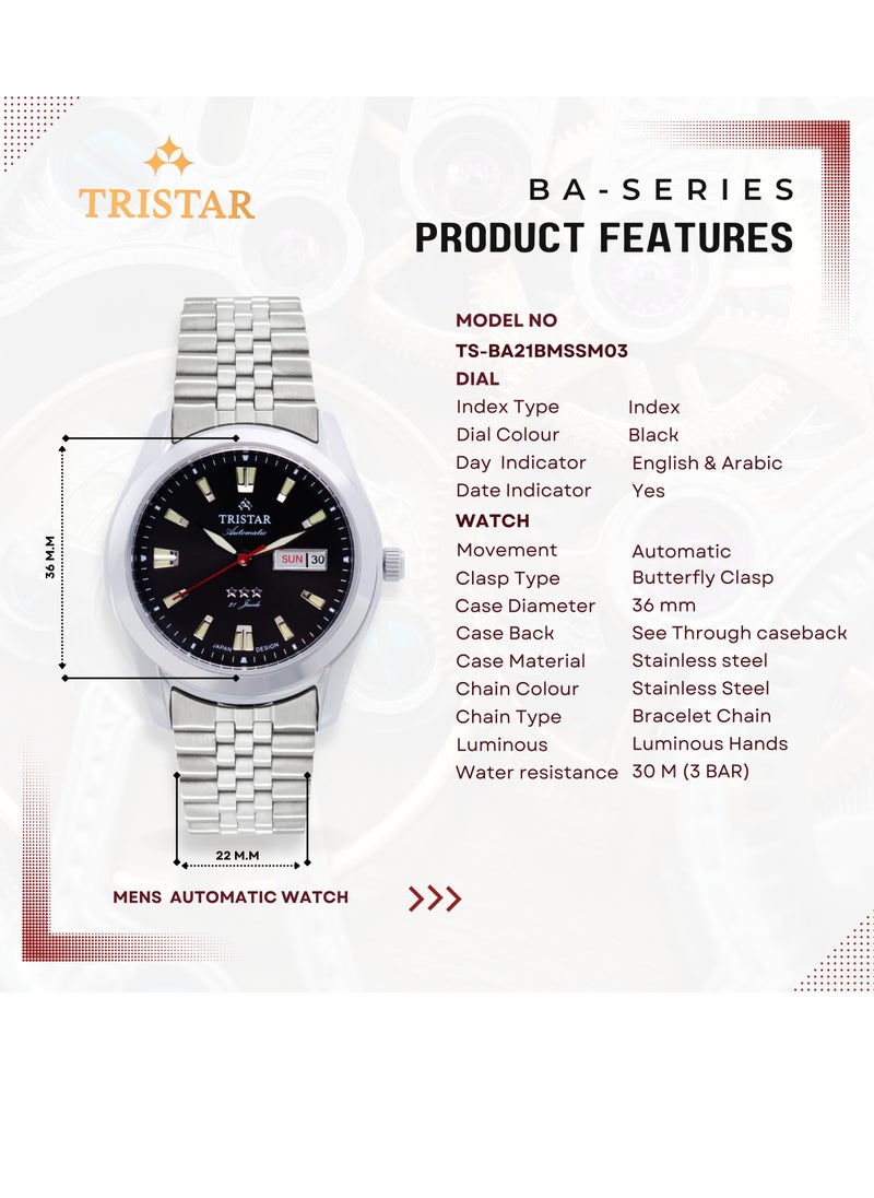 Tristar BA Series Men's Automatic Luminous Watch Index Black Dial Stainless Steel Bracelet Wrist Watch for Men