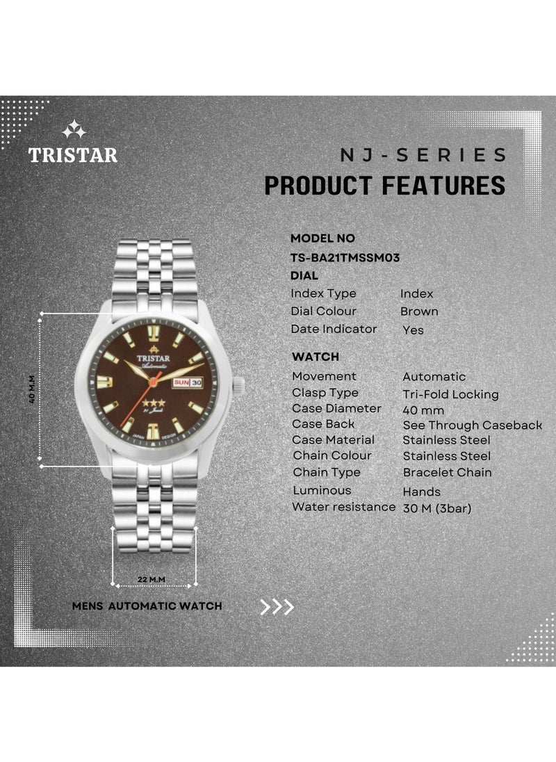 Tristar BA Men's Automatic Watch Index Brown Dial Stainless Steel Bracelet Wrist Watch for Men (TS-BA21TMSSM03)