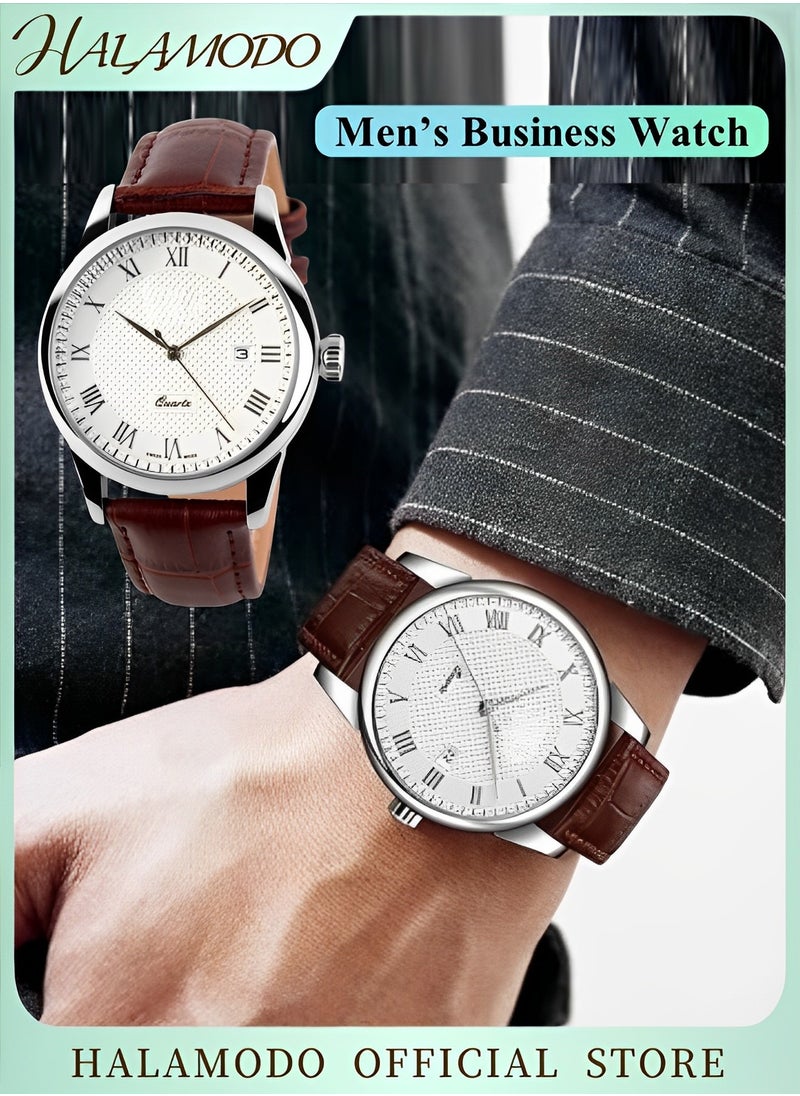 Men's Business Quartz Wristwatches with Roman Numeral Meter Dial & Leather Band Casual Water Resist Analog Watches