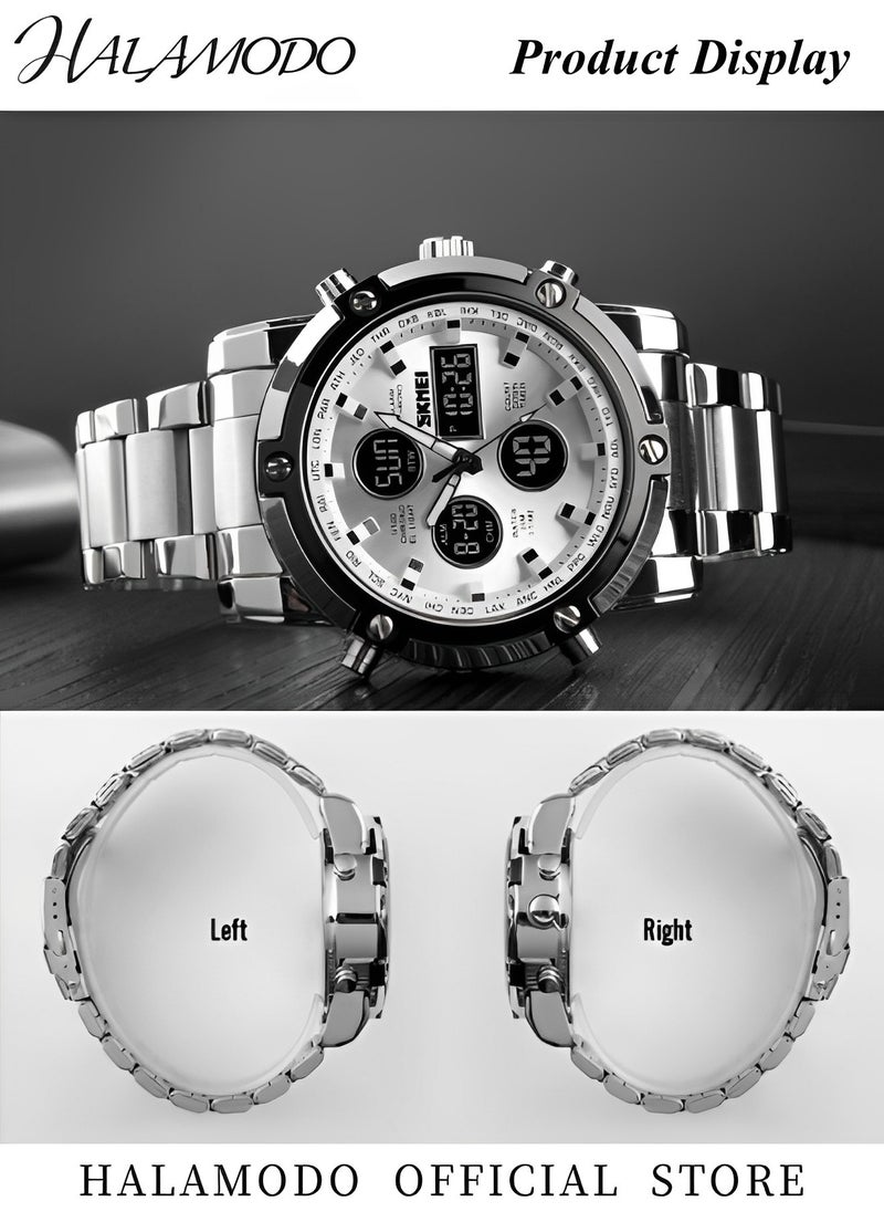 Men's Analog Digital Watches with Luxury Stainless Steel Band Male Outdoor Sport Waterproof Big Heavy Wristwatch Multi Function Tactics LED Alarm Stopwatch