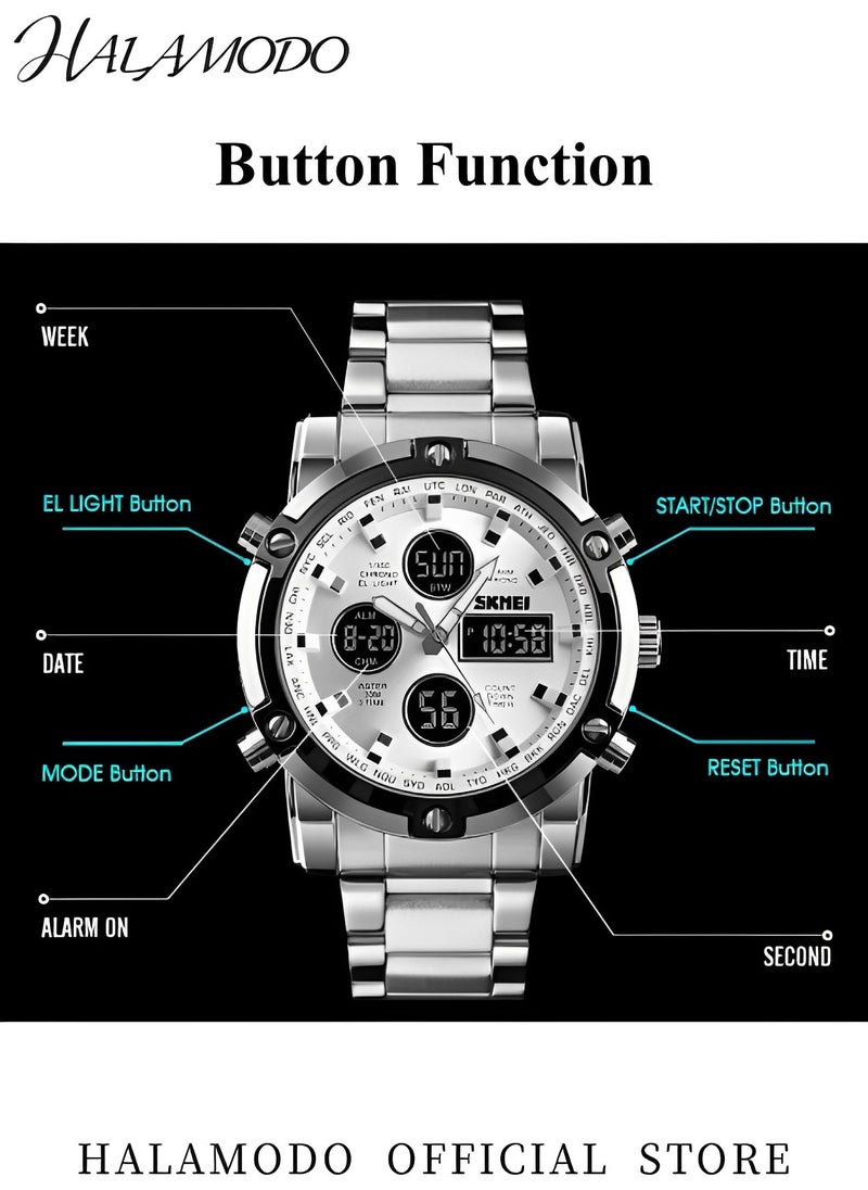 Men's Analog Digital Watches with Luxury Stainless Steel Band Male Outdoor Sport Waterproof Big Heavy Wristwatch Multi Function Tactics LED Alarm Stopwatch