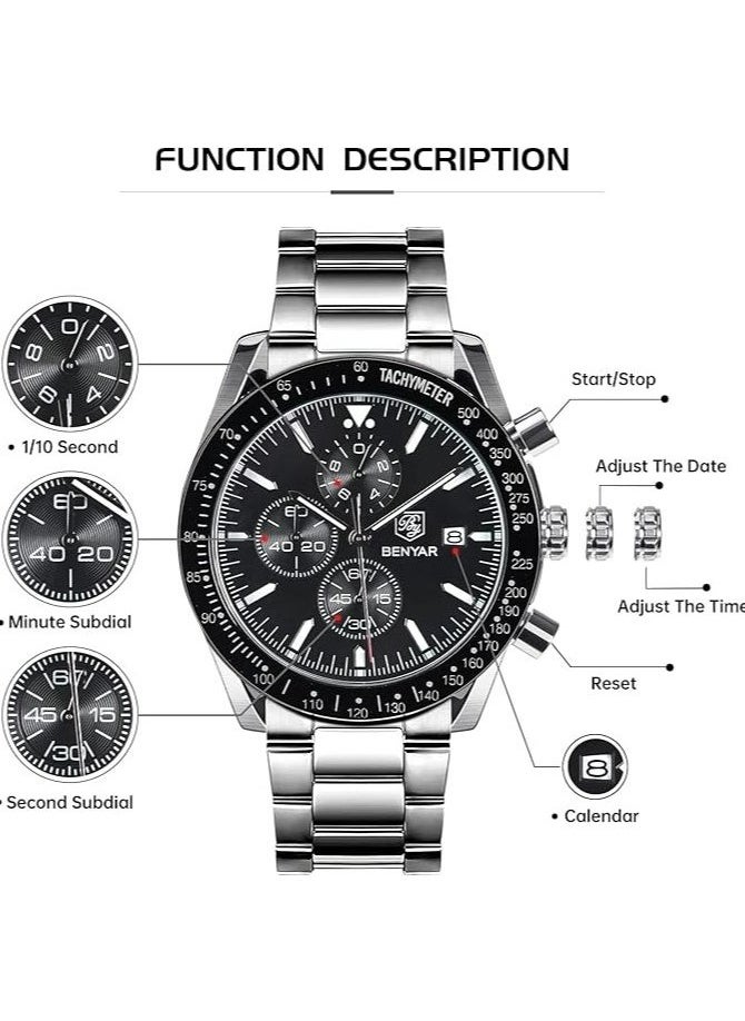 Watches for Men Watch Quartz Luxury Stainless Steel Water Resistant Chronograph Watch,Black