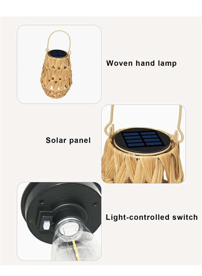 Outdoor Solar Lantern, LED Waterproof Rattan Lamp with Twine Handle, Handmade Bamboo Solar Light for Garden, Yard, Patio, Tree, Pathway, and Home Decoration, Wooden Color