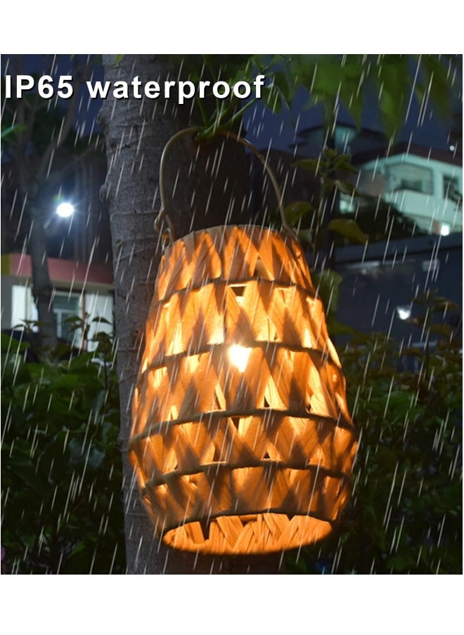 Outdoor Solar Lantern, LED Waterproof Rattan Lamp with Twine Handle, Handmade Bamboo Solar Light for Garden, Yard, Patio, Tree, Pathway, and Home Decoration, Wooden Color