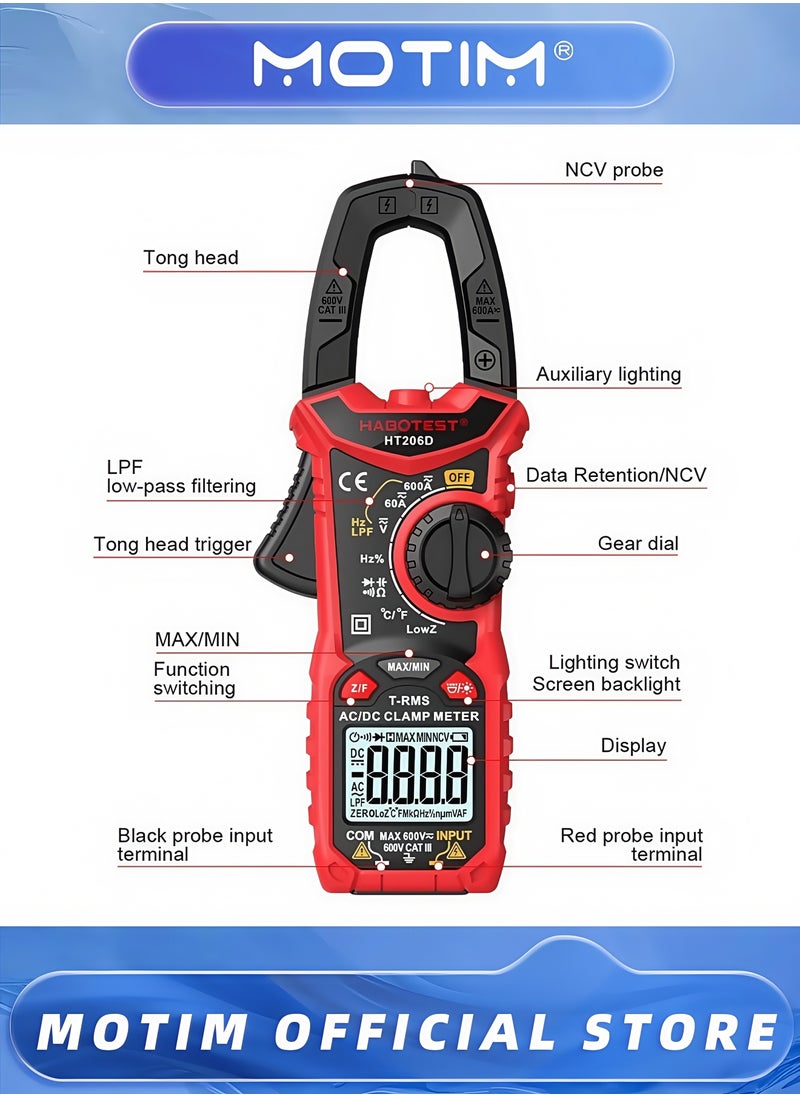 Digital Clamp Meter Multimeter 600A AC DC Current 6000 Counts Multimeter with Backlight NCV Voltmeter Ammeter Voltage Amp Hz Ohm Tester