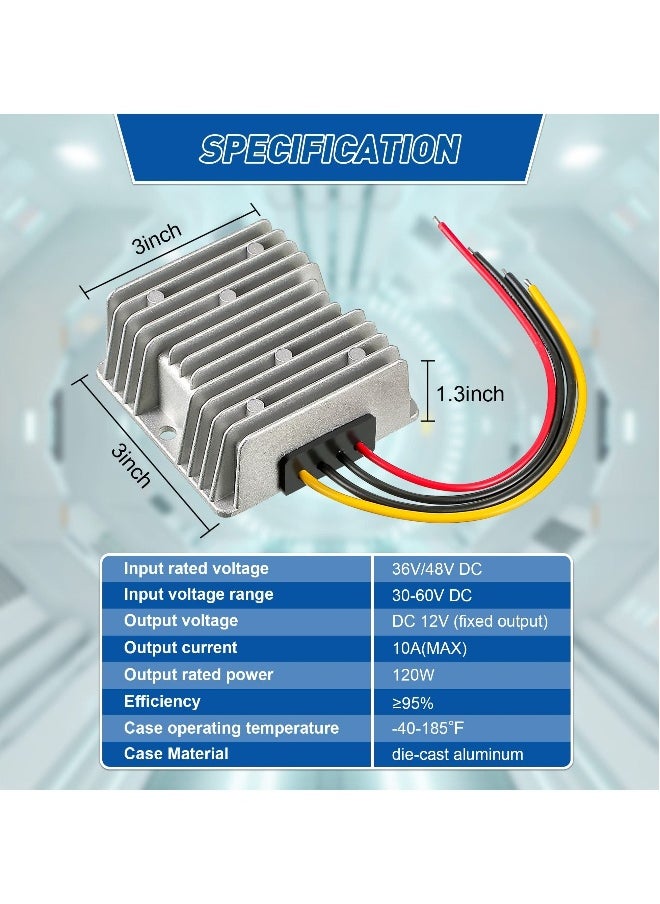 2 Pcs Golf Cart Voltage Reducer, 10A 120w DC to DC Buck Converter, 48V 36V to 12V Converter Voltage Reducer Step Down Transformer Waterproof, for Golf Cart Club Car Audio LED Strip Light