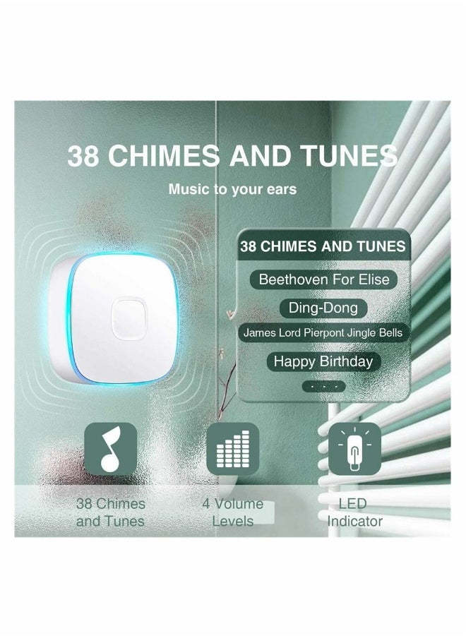 Wireless Doorbell, Waterproof Door Bell with 38 Melodies and Led Flash,1000-Foot Range, 4 Level Volume, 2 Remote Buttons and 1 Receiver